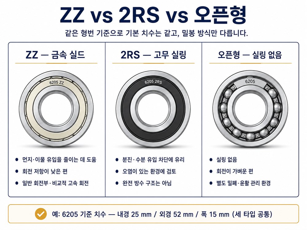 ZZ 2RS 오픈형 3가지 타입 비교