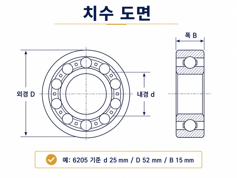 베어링 치수 도면 — 내경 외경 폭