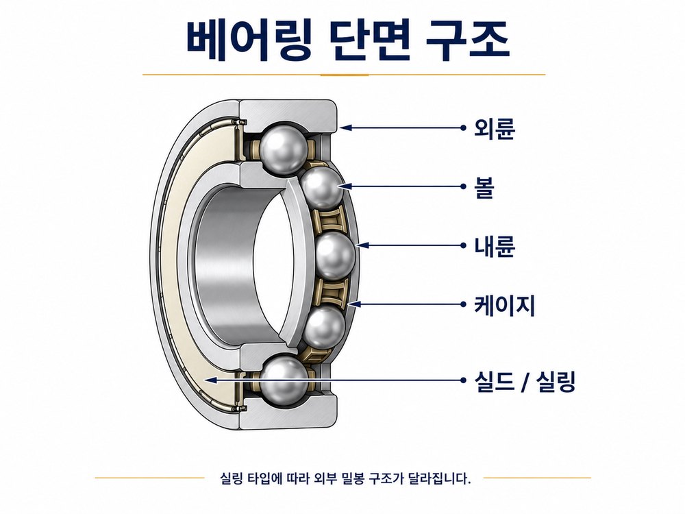 베어링 단면 구조 — 외륜·볼·내륜·케이지·실링